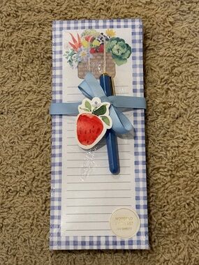 Blue Gingham Notepad with Strawberry Tag and Pen